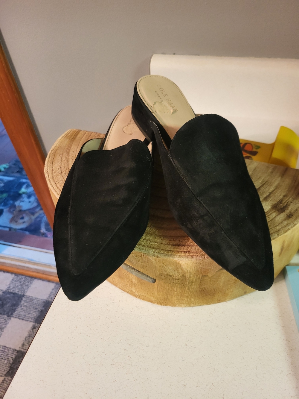 Cole Haan Black Pointed Suede Mule Flats